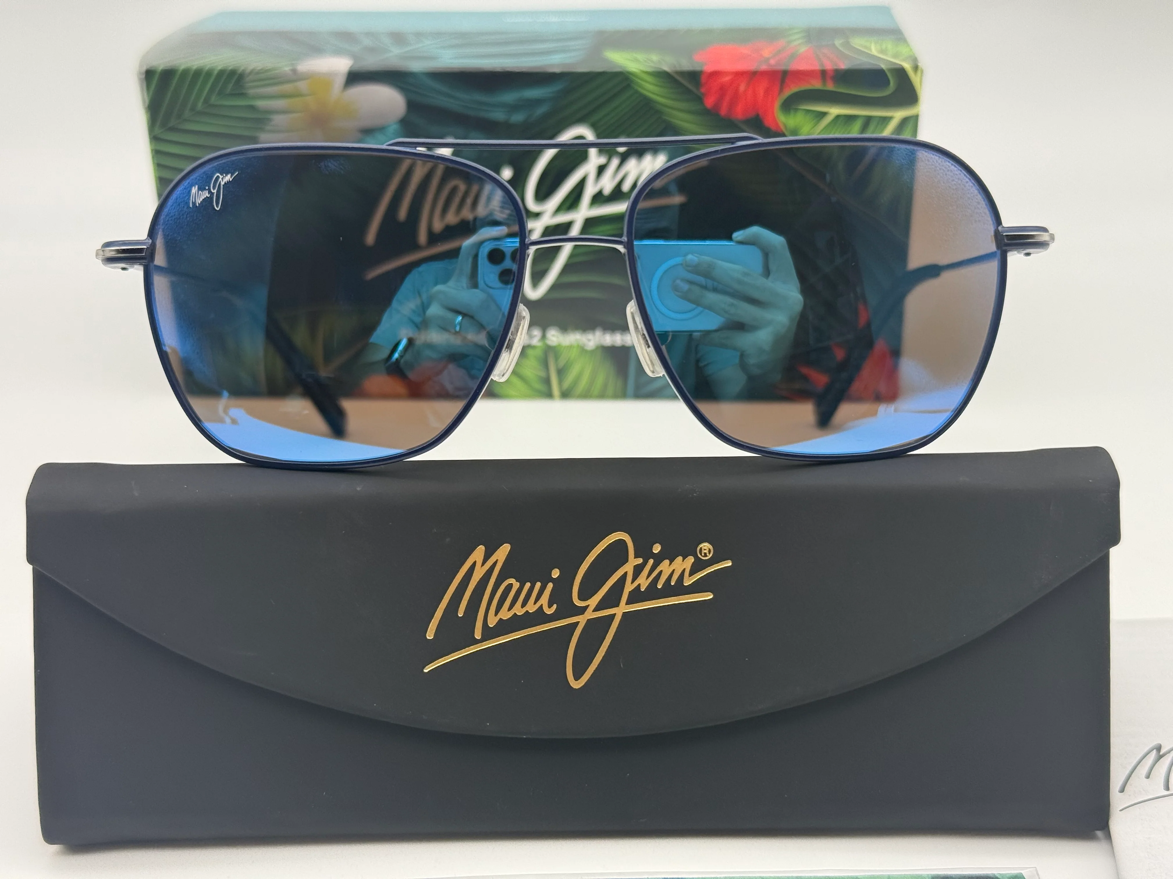 Maui Jim Mano 57mm Dark Navy w/ Silver Stripe / Blue Hawaii Polarized Glass Lens Italy NEW - Image 2