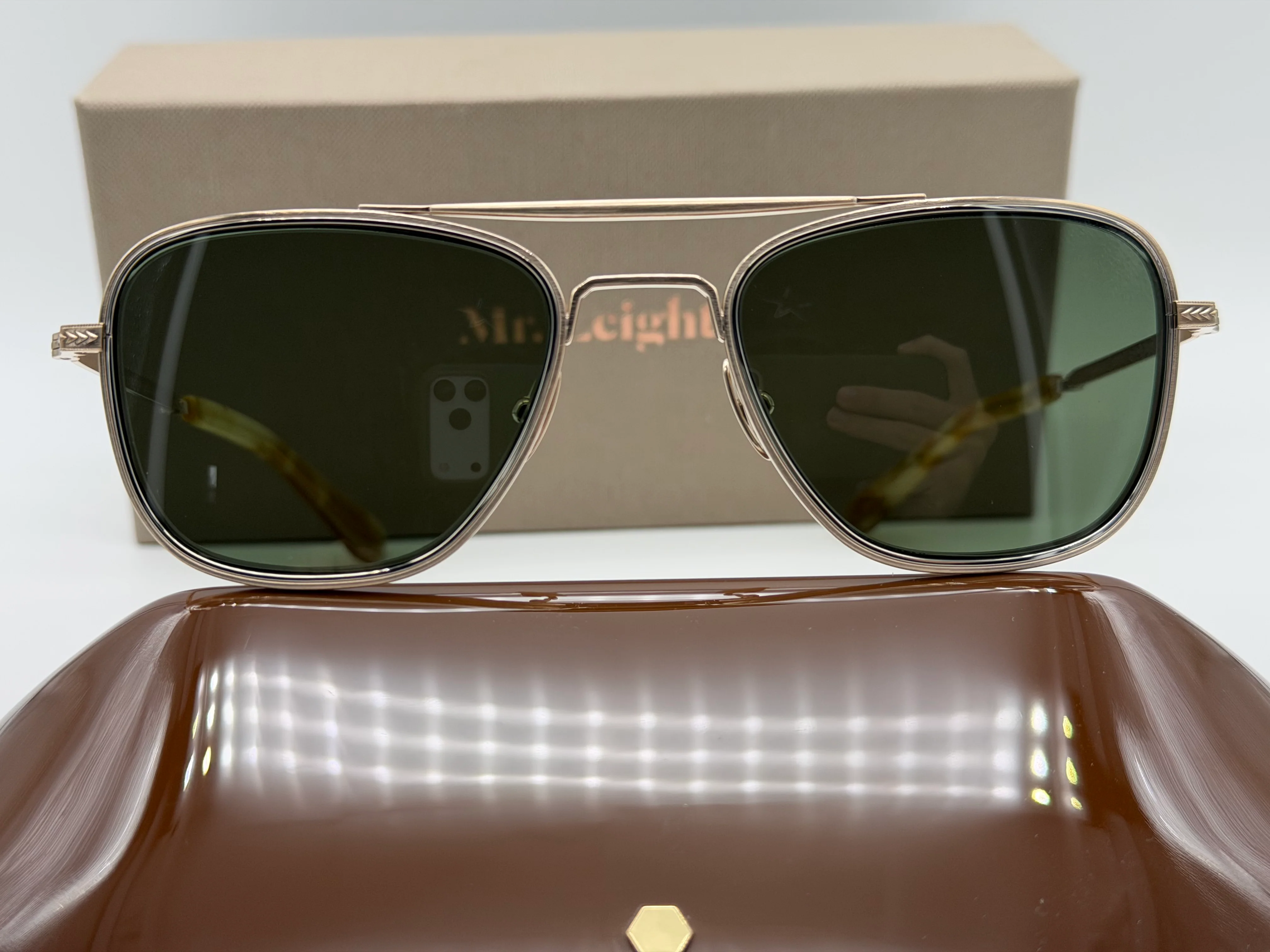 Mr. Leight Navigator S 51mm Brushed 12K White Gold-Platinum-Spotted Honey G15 Glass Polarized Japan - Image 3