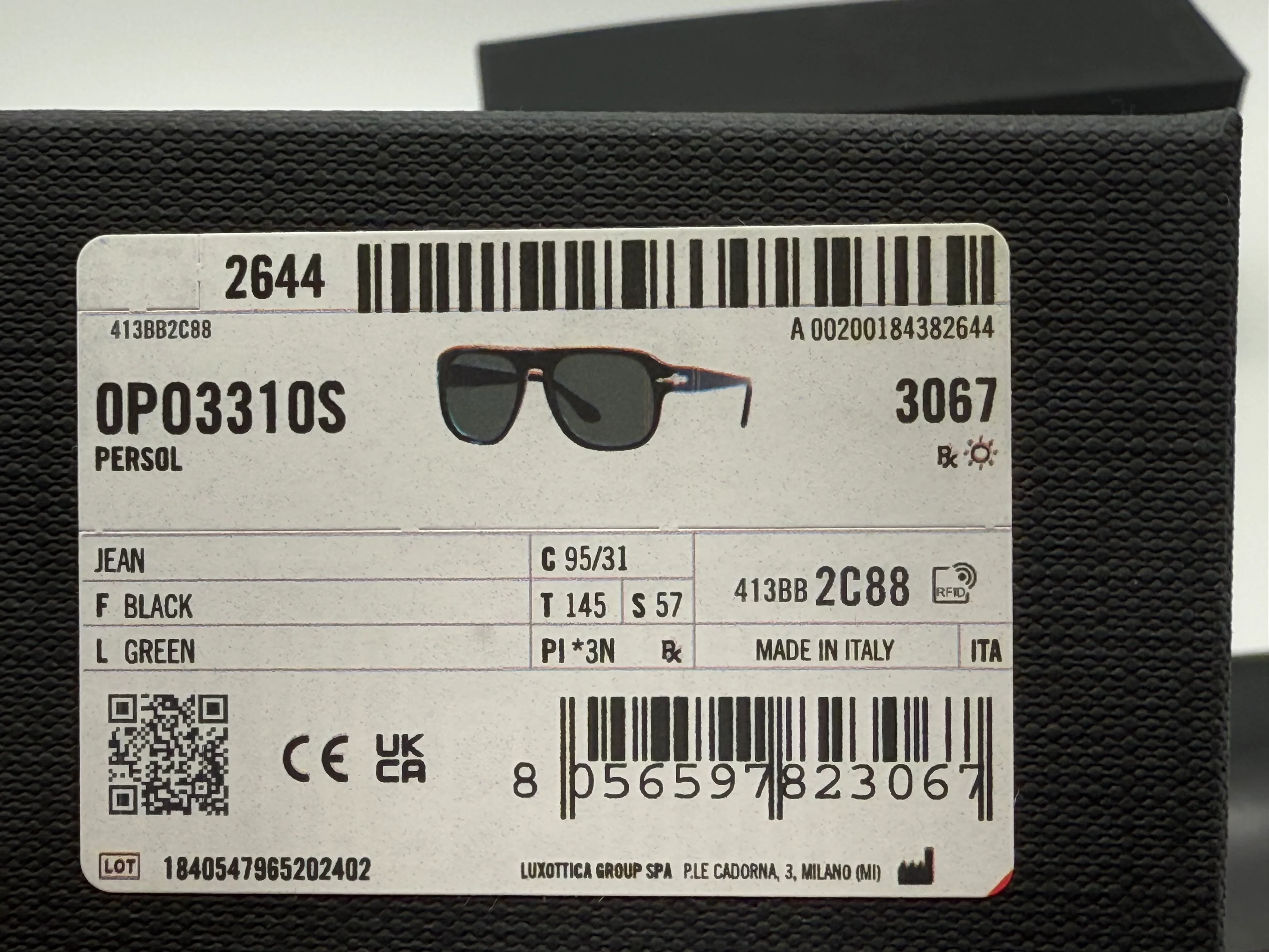 Persol Jean 57mm PO 3310 95 / 31 Black / Green Crystal Hand made in Italy NEW - Image 7