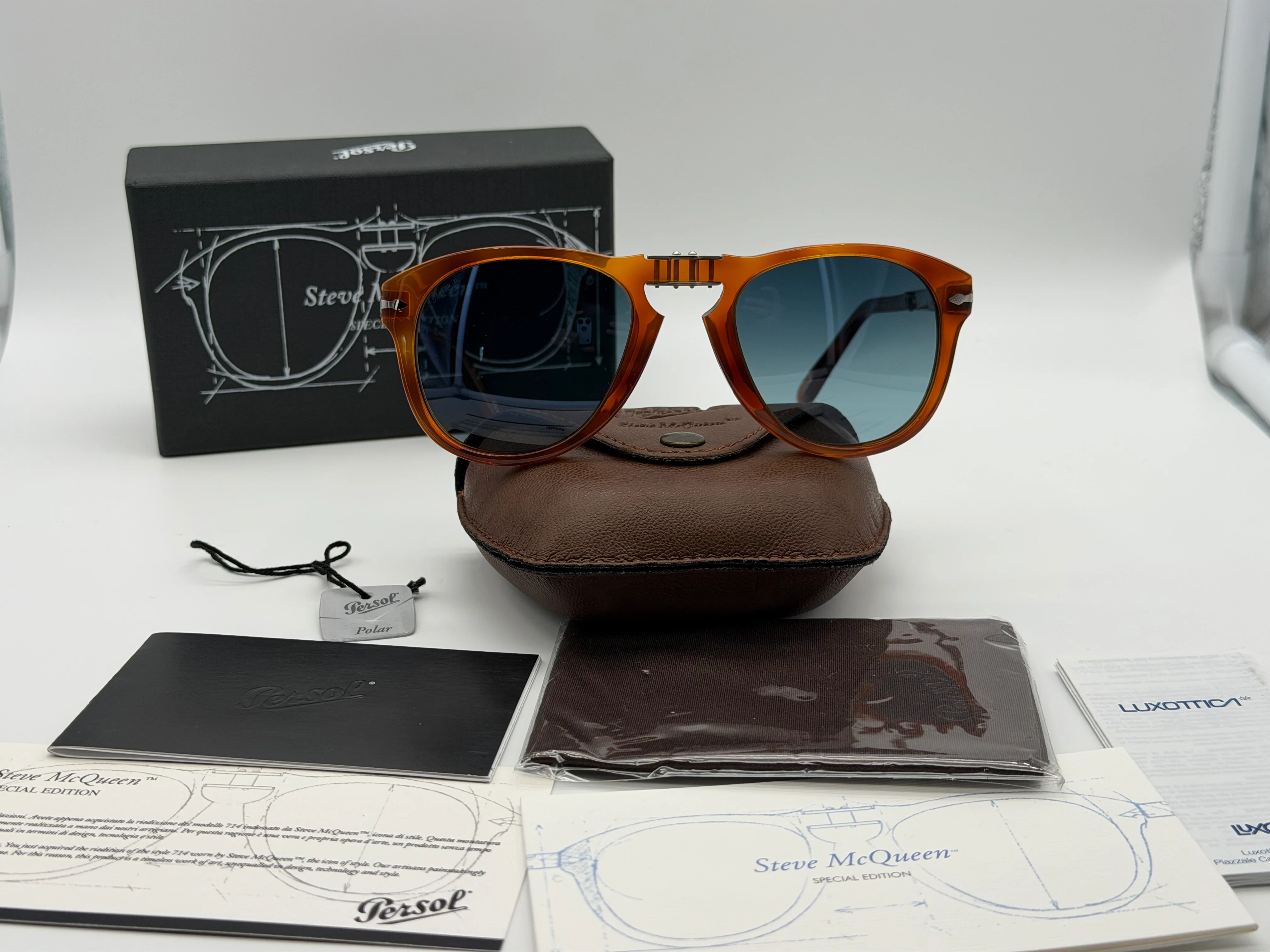 PERSOL PO 714 SM 52mm Light Havana / Polarized Blue Crystal Lens 96/S3 Italy NOS