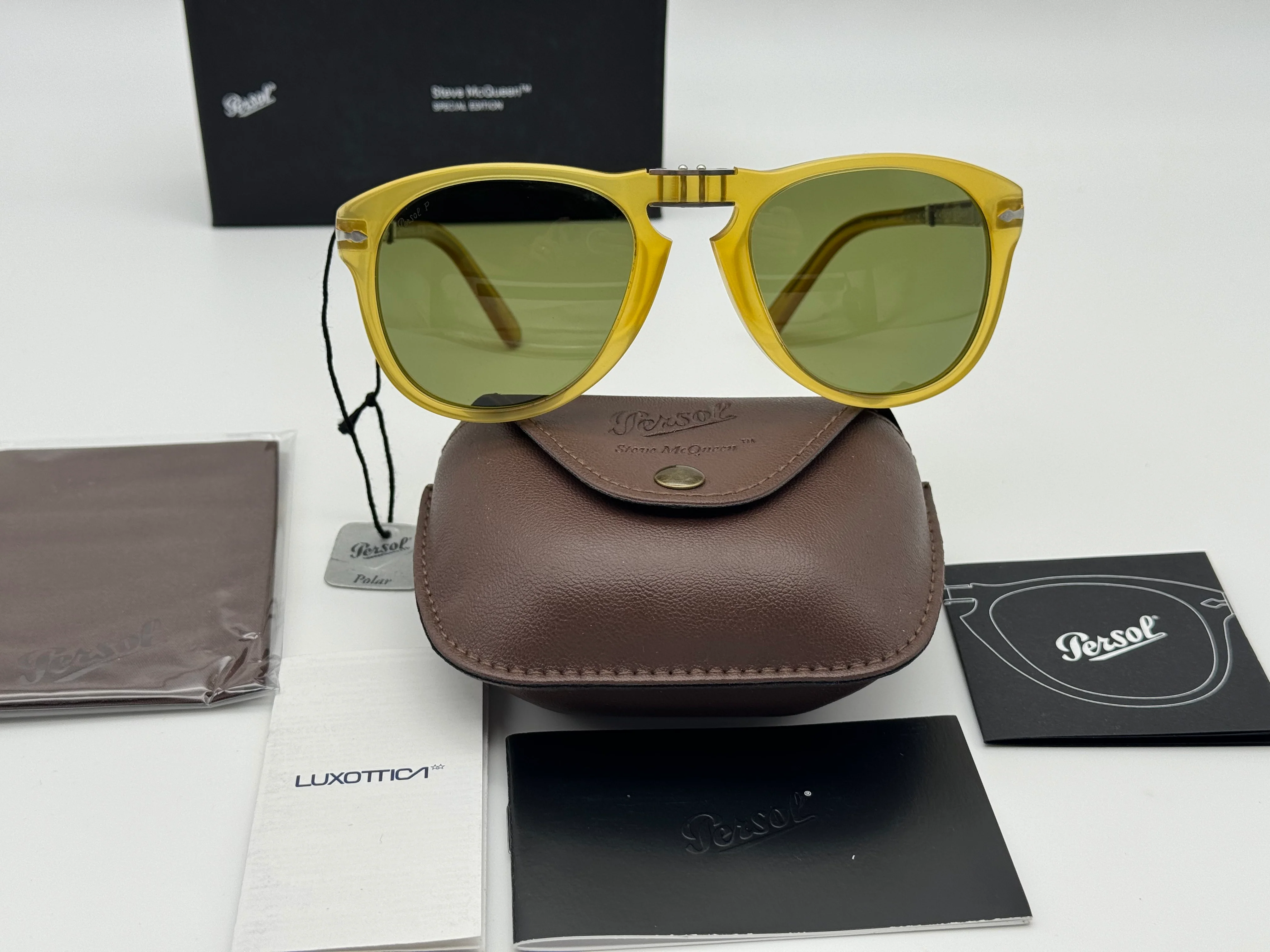 Persol PO 714 SM 54mm Steve McQueen Opal Yellow / Polarized Green 204 / P1 Italy NEW - Image 5