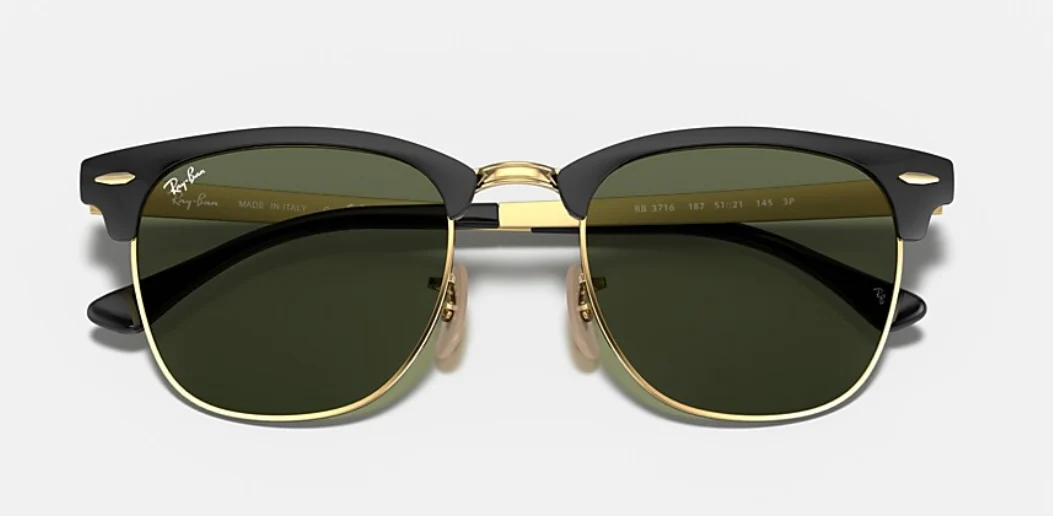 Ray-Ban Clubmaster 51mm Metal Green Lens Black Gold Frame Sunglasses RB 3716 187 Italy - Image 3