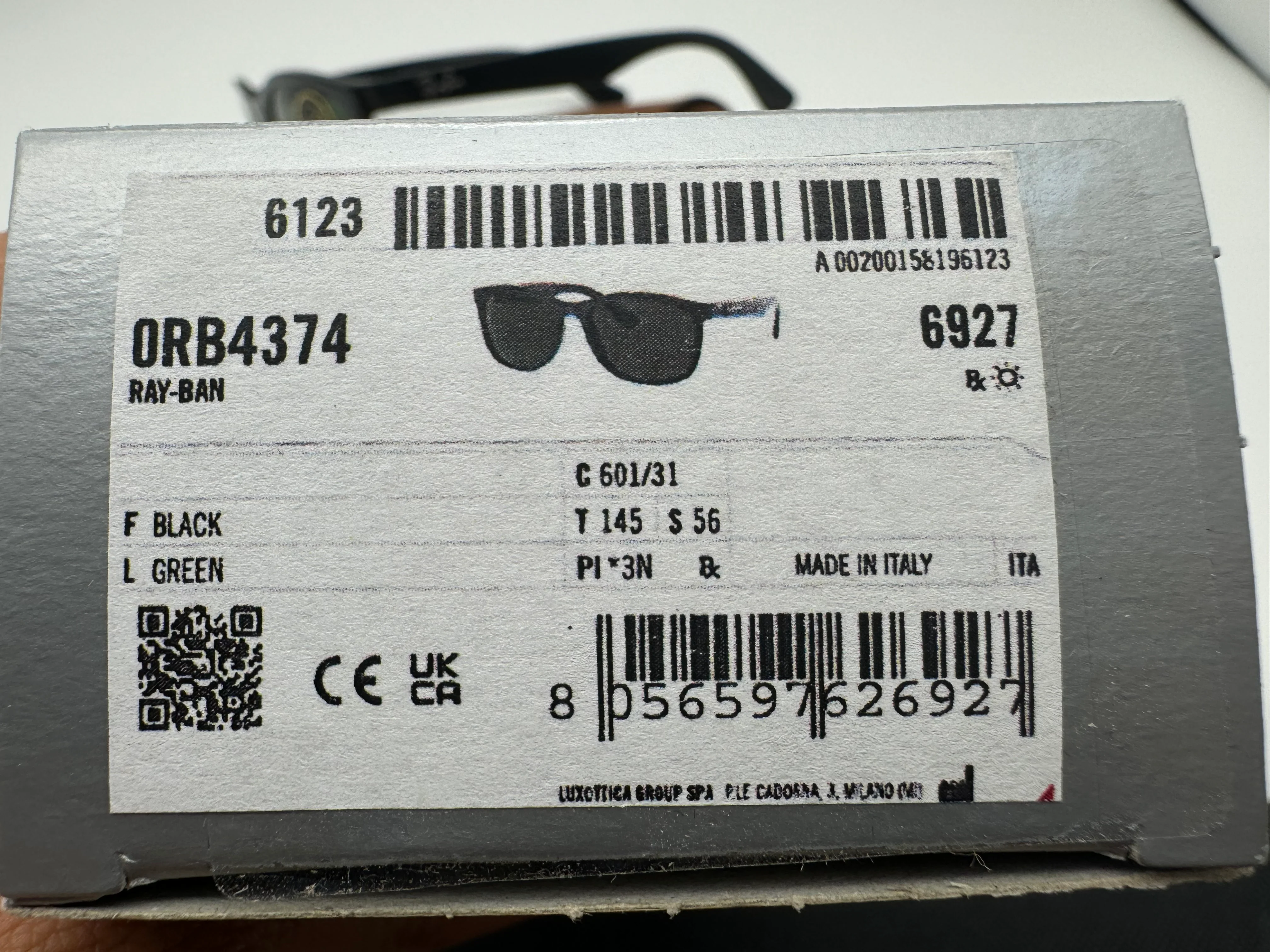 Ray-Ban RB 4374 56mm Black / G 15 Glass Lens 601/31 Italy Factory defect - Image 7